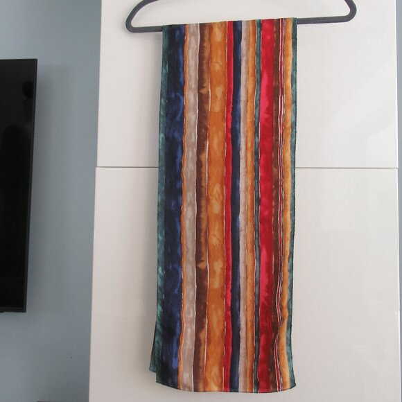 100% Silk Stripe Rectangular Scarf 10" x 54" Multicolor Excellent - Picture 3 of 8